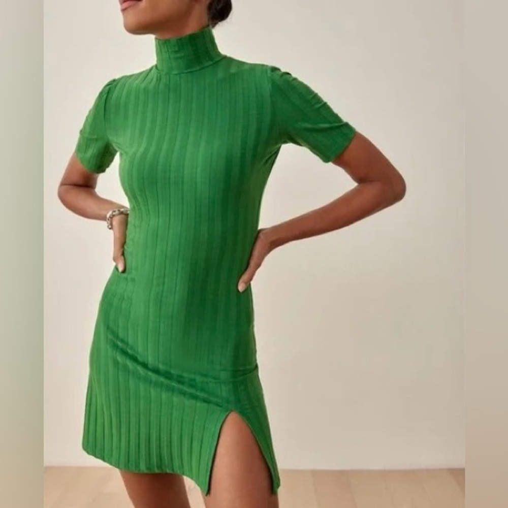 Reformation Green Ribbed Short-Sleeve Mini Dress with High Neck